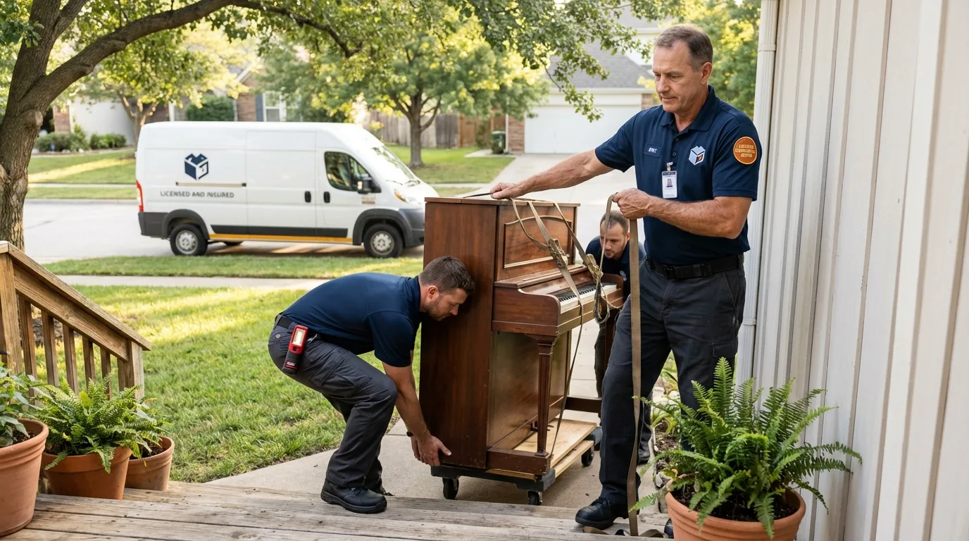 Licensed piano movers securing grand piano in Franklin, NH
