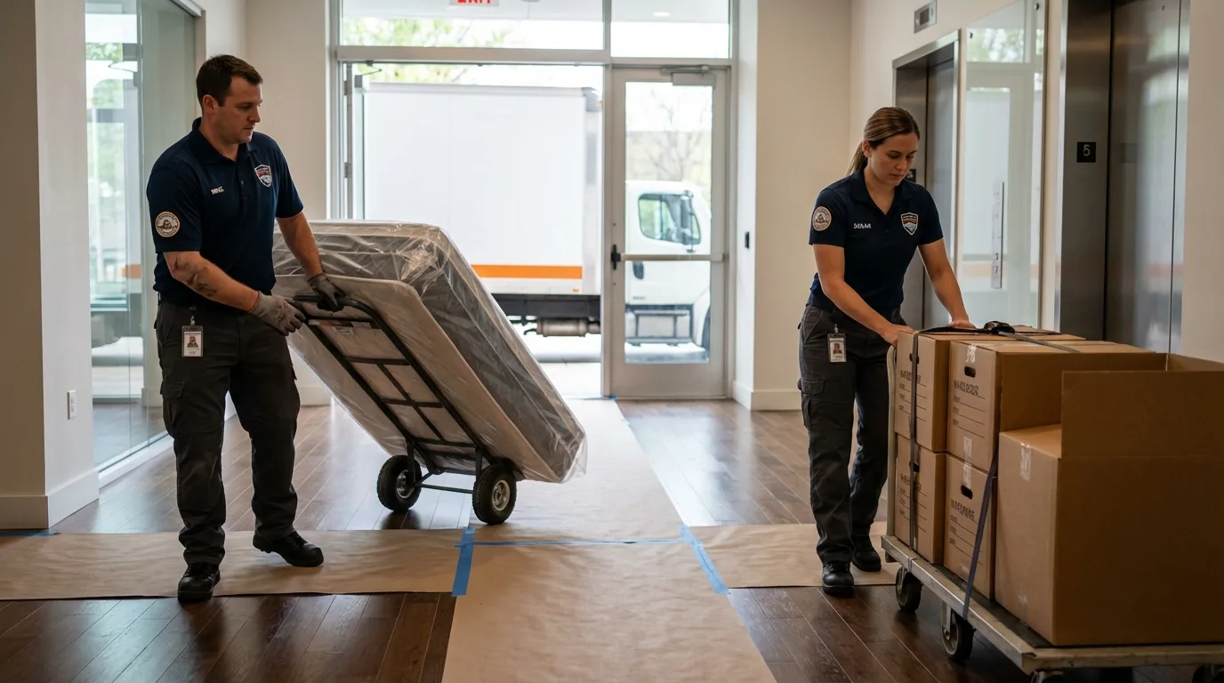 Professional apartment movers loading elevator in Franklin, NH
